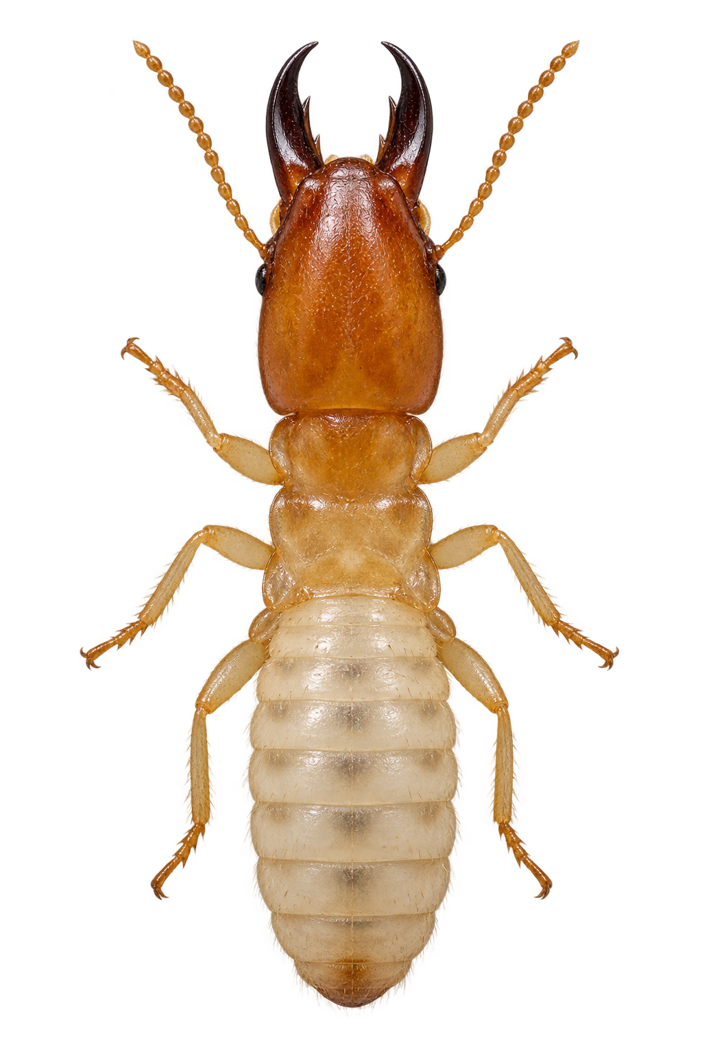 Illustration of a termite soldier with a pale segmented abdomen, amber head and straight antennae